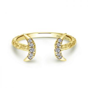 Diamond Crescent Moons Grace Open Midi Knuckle Ring Crafted in Hammered Textured 14k Yellow Gold