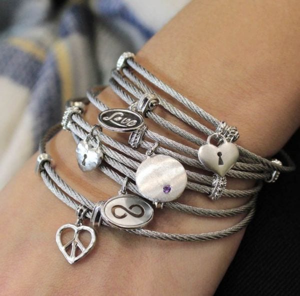 Heart Lock With A Key Hole Charm on an Adjustable 925 Silver And Stainless Steel Fashion Bangle - Image 3