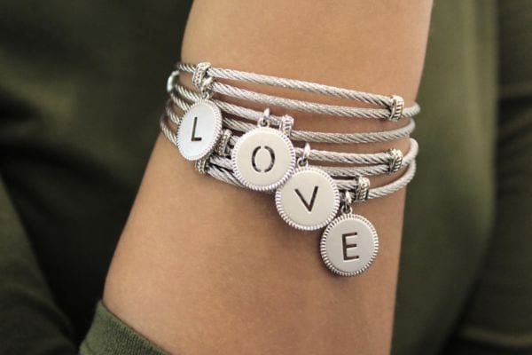 Letter E Initial Centered Round Charm on 925 Sterling Silver and Stainless Steel Adjustable Bracelet - Image 3