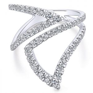 Fashion Ring with Swooshes of Bright, Glossy 14K White Gold Encrusted with Delicate Diamonds