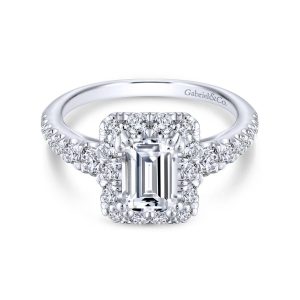 14K White Gold Halo Emerald Cut Diamond Engagement Ring ER13885E4W44JJ