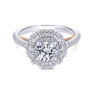 14K White and Rose Gold Round Double Halo Diamond Engagement Ring ER13915R3T44JJ