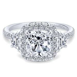 14K White Gold 3 Stone Diamond Cushion Cut Halo 14K White Gold Engagement Ring ER9189W44Jj
