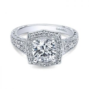 14K White Gold Channel and Hand Cut Etched Round Halo Diamond 14K White Gold Engagement Ring ER10191W44JJ