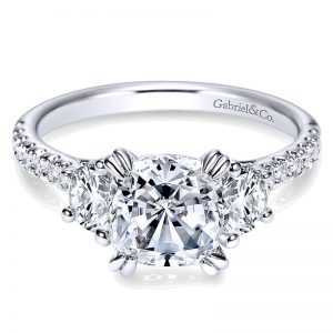 14K White Gold Diamond 3 Stone Cushion Cut and Pave Band 14K White Gold Engagement Ring ER9044W44Jj