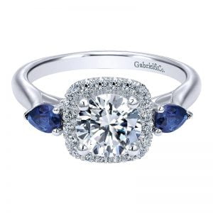 14k White Gold Diamond And Sapphire 3 Stones Halo Engagement Ring ER10785W44SA