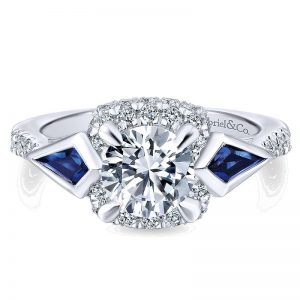 14K White Gold Diamond and SApphire 3 Stones Halo 14K White Gold Engagement Ring ER12127R4W44SA