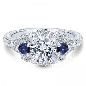 14K White Gold Diamond and SApphire 3 Stones Halo 14K White Gold Engagement Ring ER12582R4W44SA