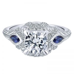 14K White Gold Diamond and SApphire 3 Stones Halo 14K White Gold Engagement Ring ER12583R4W44SA