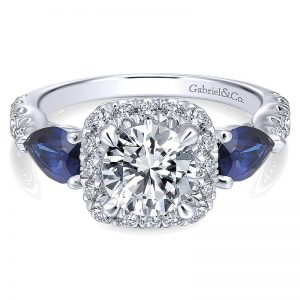 14K White Gold Diamond and SApphire 3 Stones Halo 14K White Gold Engagement Ring ER12617R4W44SA