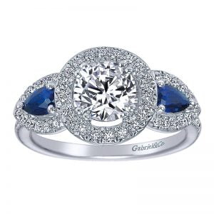 14k White Gold Diamond And Sapphire 3 Stones Halo Engagement Ring ER5351W44SA