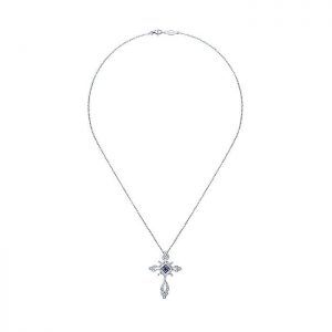 14k White Gold Diamond And Sapphire Cross Necklace NK2770W45SA