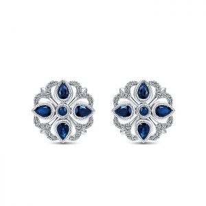 14k White Gold Diamond And Sapphire Stud Earrings EG12912W45SB