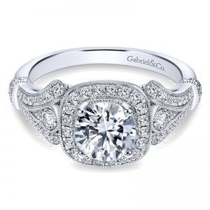 14K White Gold Diamond Halo and Filgree Setting 14K White Gold Engagement Ring ER7479W44Jj