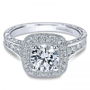14K White Gold Diamond Halo Channel and Milgrain 14K White Gold Engagement Ring ER8794W44Jj