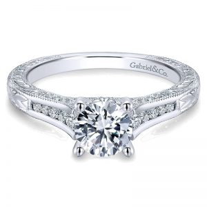 14K White Gold Diamond Milgrain and Hand Cut Etching 14K White Gold Engagement Ring ER12315R3W44Jj