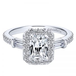 14K White Gold Diamond Pave Emerald Cut Halo With Bar Baguette Setting 14K White Gold Engagement Ring ER7268W44JJ