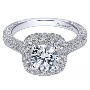 14K White Gold Diamond Pave Halo Milgrain and Channel Set 14K White Gold Engagement Ring ER7256W44Jj