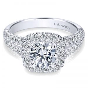 14K White Gold Diamond Pave Split Shank Halo 14K White Gold Engagement Ring ER10252W44Jj