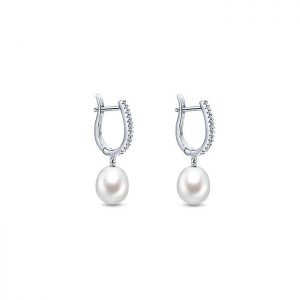 14k White Gold Diamond Pearl Drop Earrings EG10118W44PL