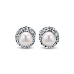 14k White Gold Diamond Pearl Stud Earrings EG12597W45PL