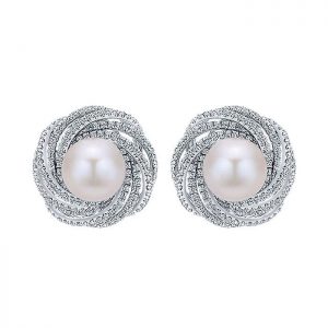 14k White Gold Diamond Pearl Stud Earrings EG12772W45PL