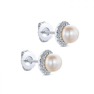 14k White Gold Diamond Pearl Stud Earrings EG13233W45PL