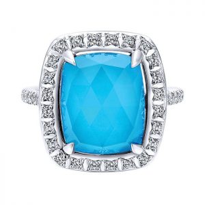 14k White Gold Diamond Rock Crystal&turquoise Fashion Ladies' Ring LR50972W45XT