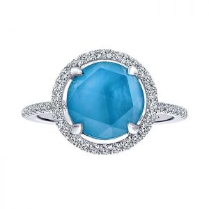 14k White Gold Diamond Rock Crystal & White Mother Pearl & Turquoise Fashion Ladies' Ring LR50947W45MT