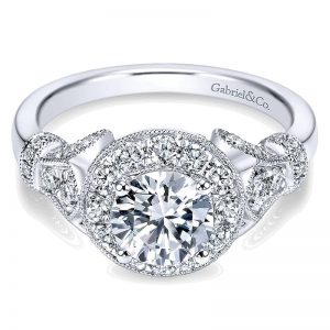 14K White Gold Diamond Round Halo Filgree 14K White Gold Engagement Ring ER7478W44Jj