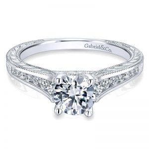 14K White Gold Diamond Straight Channel and Milgrain With Cathedral Setting 14K White Gold Engagemen