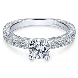 14K White Gold Diamond Straight Milgrain Petite Channel Set 14K White Gold Engagement Ring ER12285R3W44JJ