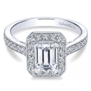 14K White Gold Emerald Cut Diamond Halo With Channel Setting 14K White Gold Engagement Ring ER7528W44JJ