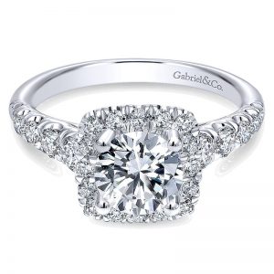14K White Gold Graduating Pave and Round Diamond Halo 14K White Gold Engagement Ring ER10909W44Jj