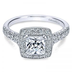 14K White Gold Pave Shank and Princess Cut Diamond Halo 14K White Gold Engagement Ring ER10907W44Jj
