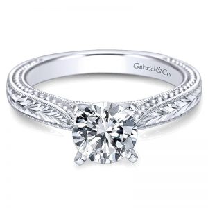 14K White Gold Straight Hand Cut Etching With Cathedral Setting 14K White Gold Engagement Ring ER6636W4JJJ