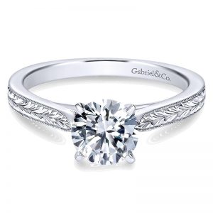 14K White Gold Straight Milgrain and Hand Etched 14K White Gold Engagement Ring ER7223W4Jjj