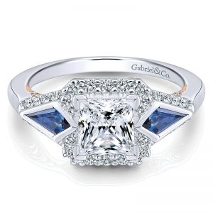 14k White and Pink Gold Diamond and SApphire 3 Stones Halo Two-Tone Engagement Ring ER12821S4T44SA