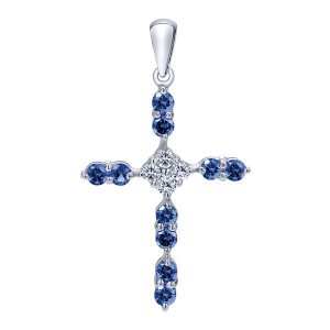 14k White Gold Diamond And Sapphire Cross Cross Pendant PC533W44SA