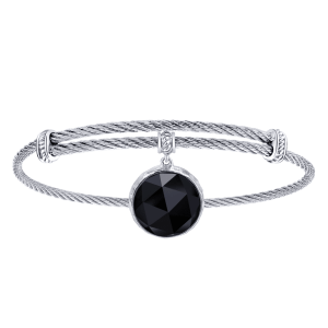 Adjustable Twisted Cable Stainless Steel Bangle with Round Sterling Silver Rock Crystal/Black Onyx Charm