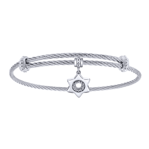 Adjustable Twisted Cable Stainless Steel Bangle with Sterling Silver Star of David Charm