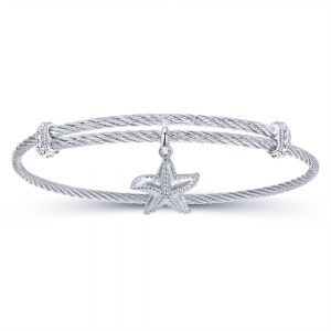 Adjustable Twisted Cable Stainless Steel Bangle with Sterling Silver Starfish Charm