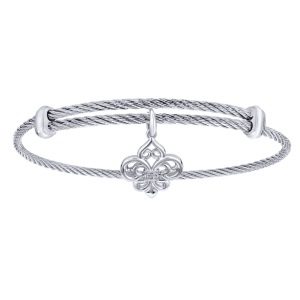 Adjustable Twisted Cable Stainless Steel Bangle with Sterling Silver Diamond Fleur de Lis Charm