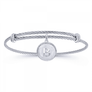 Adjustable Twisted Cable Stainless Steel Bangle with Sterling Silver B Initial Charm