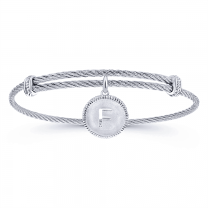 Adjustable Twisted Cable Stainless Steel Bangle with Sterling Silver F Initial Charm