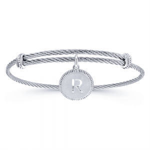 Adjustable Twisted Cable Stainless Steel Bangle with Sterling Silver R Initial Charm