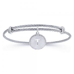 Adjustable Twisted Cable Stainless Steel Bangle with Sterling Silver T Initial Charm