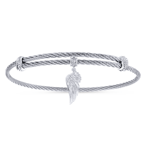 Adjustable Twisted Cable Stainless Steel Bangle with Sterling Silver Angel Wing Charm
