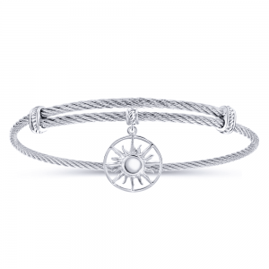 Adjustable Twisted Cable Stainless Steel Bangle with Sterling Silver Sun Charm