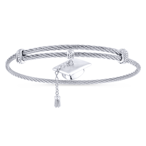 Adjustable Stainless Steel Twisted Cable Bangle with Silver Graduation Cap Charm